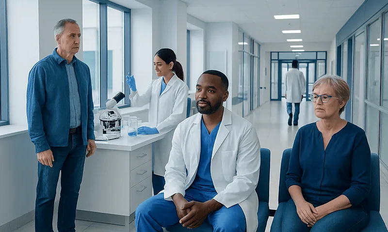 Medical consultation in a modern hospital corridor with healthcare professionals and patient.