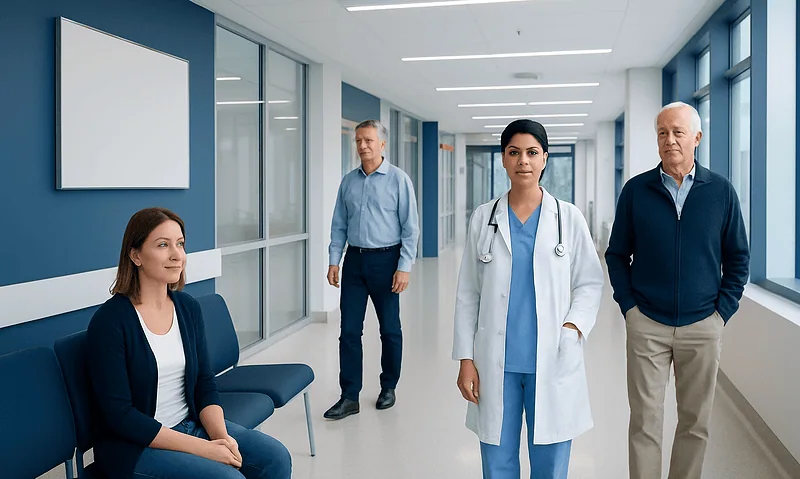 Medical team in hospital corridor with doctor and patients.