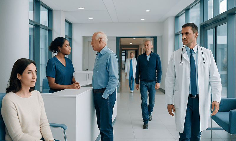 Patients and medical staff in a hospital corridor at Acibadem Hospitals Group.