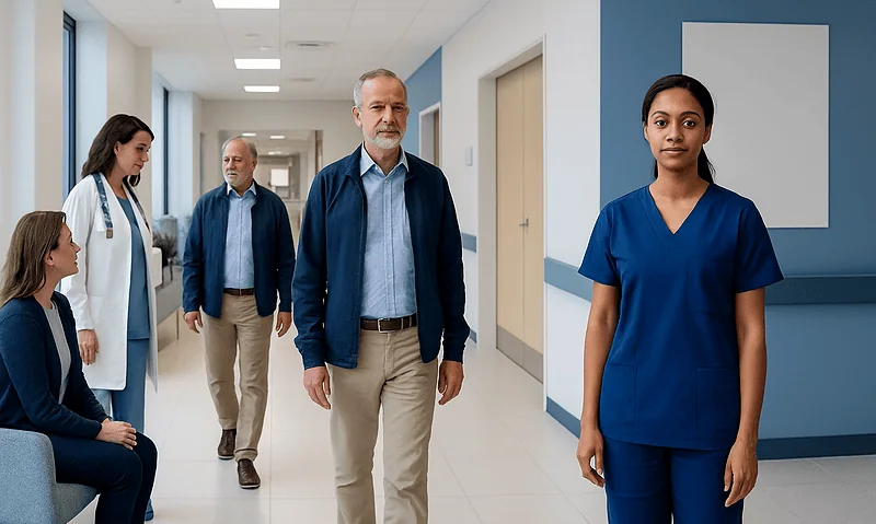 Healthcare professionals and patients in a hospital corridor at Acibadem Hospitals Group.