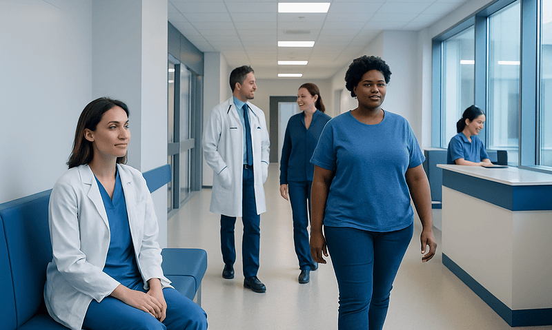 Serotonin: An Evidence-Based Guide for Patients 6 Diverse healthcare professionals and patient in hospital corridor.