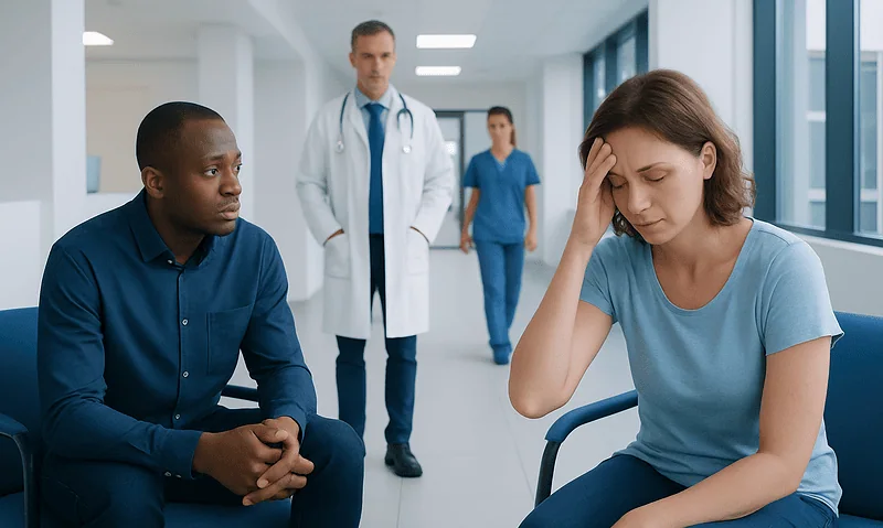 Patient experiencing headache during medical consultation at Acibadem Hospital.