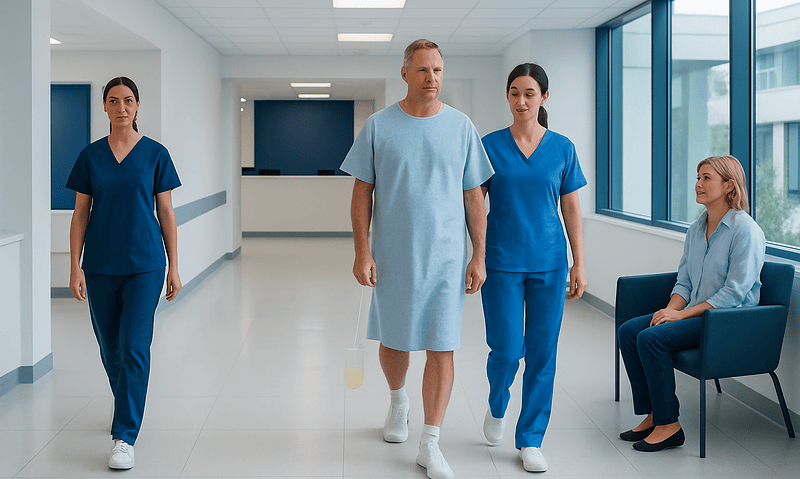 Hospital corridor with medical staff and patient in hospital gown.