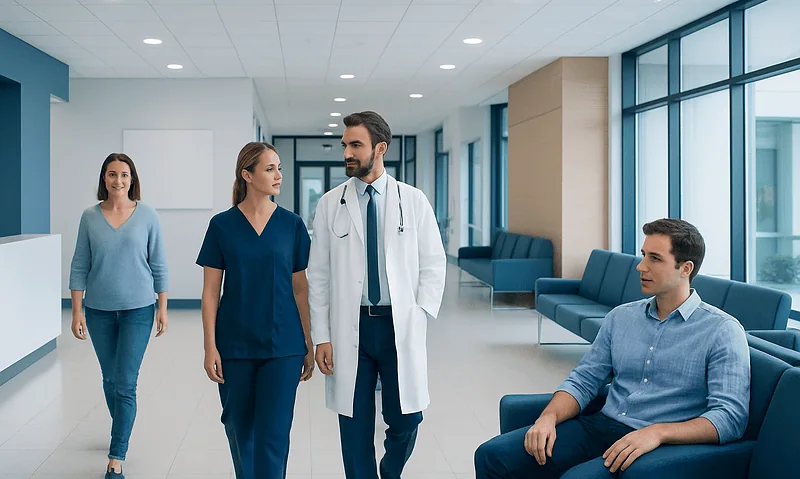 Medical professionals and patient in hospital corridor at Acibadem Hospitals Group.