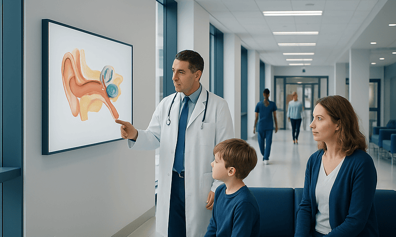 ENT specialist explaining ear anatomy to a patient and child in hospital corridor.