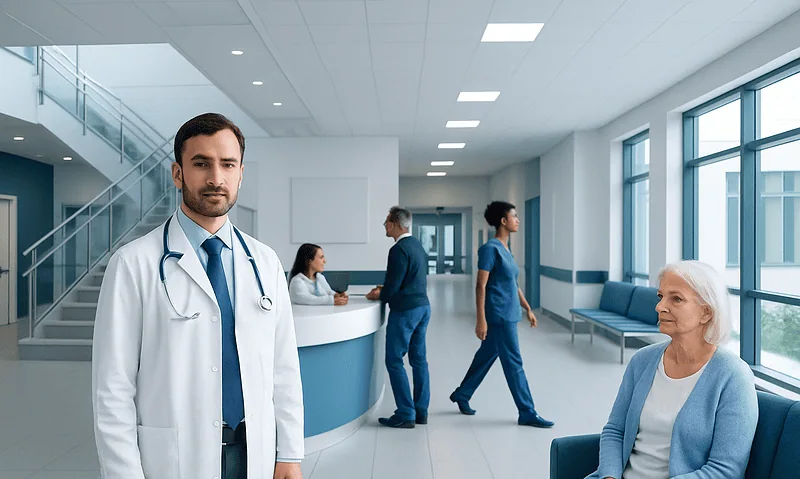 Healthcare professionals and patient in a modern hospital lobby.