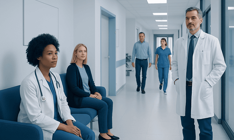 Medical team waiting in hospital corridor at Acibadem Hospitals Group.