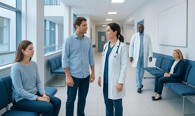 Medical consultation in a hospital corridor with patients and doctors.