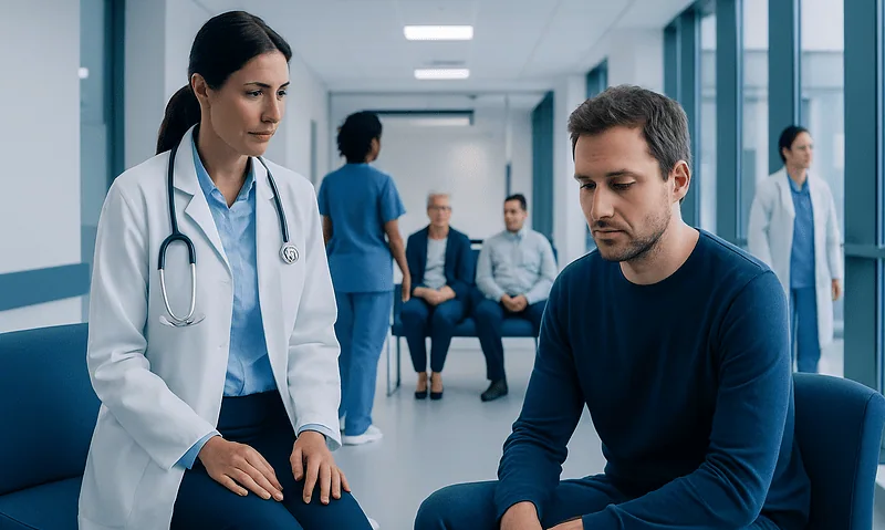 Doctor consulting a patient in a hospital corridor at Acibadem Hospitals Group.