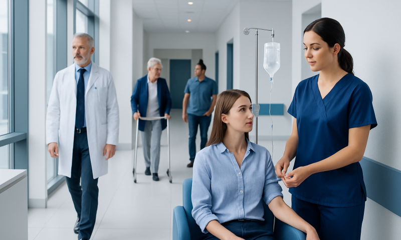 Nurse preparing a patient for treatment in a hospital corridor at Acibadem Hospitals Group.
