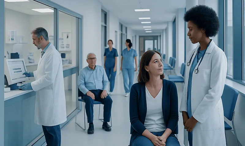Medical professionals and patients in a hospital corridor during a consultation.