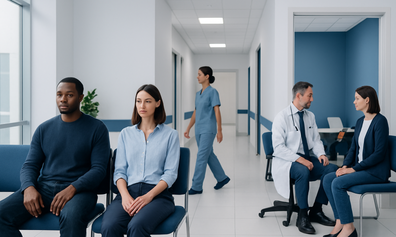 Patients waiting in a hospital corridor for medical consultation.