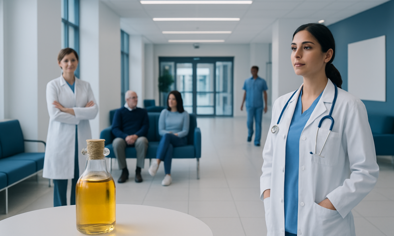 Medical professionals in a hospital waiting area with a bottle of oil on a table.