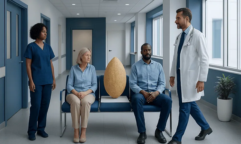 Medical consultation in hospital corridor with diverse patients and doctor.