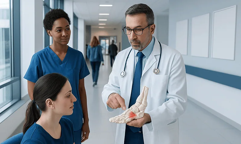 Doctor explaining foot anatomy to medical students in hospital corridor.
