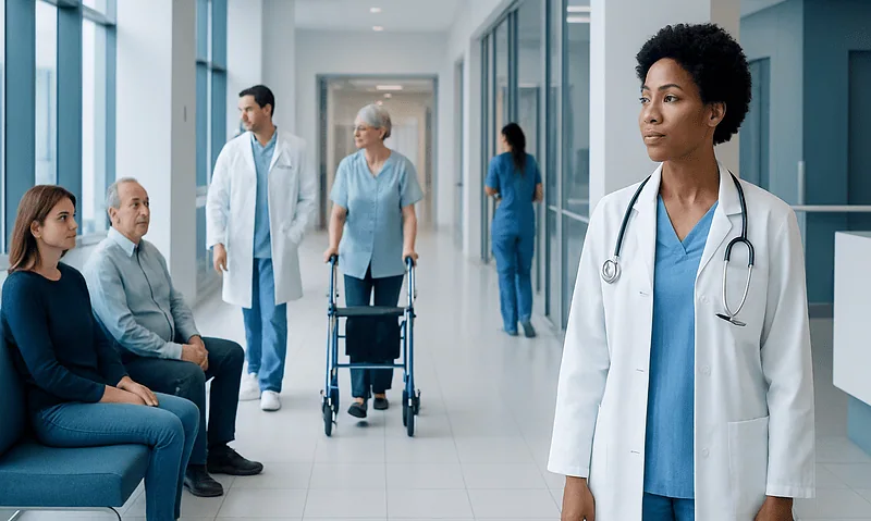 Diverse healthcare professionals and patients in a modern hospital corridor.
