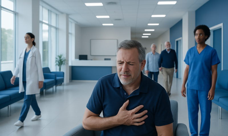 Man experiencing chest pain in hospital waiting area with medical staff nearby.