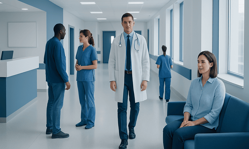 Medical team in hospital corridor with doctor and patients.