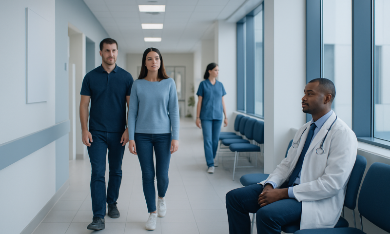Patients and doctor in a hospital corridor at Acibadem Hospitals Group.