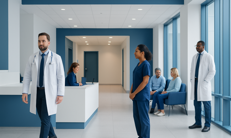 Medical staff and patients in a modern hospital waiting area.