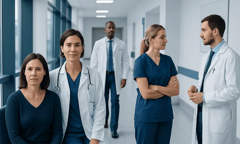 Medical team in hospital corridor discussing patient care.