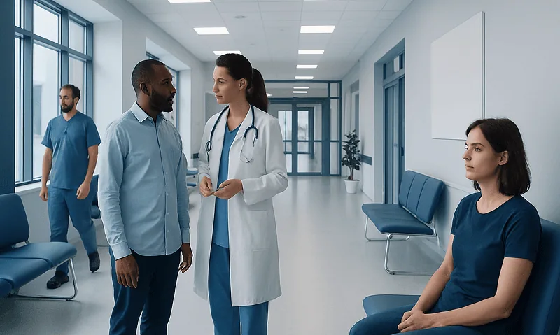 Medical professionals discussing patient care in a hospital corridor.