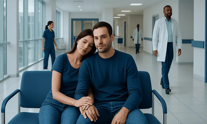Couple waiting in hospital corridor with medical staff in background.