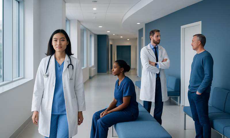 Medical team consulting in hospital corridor with patient and doctor.