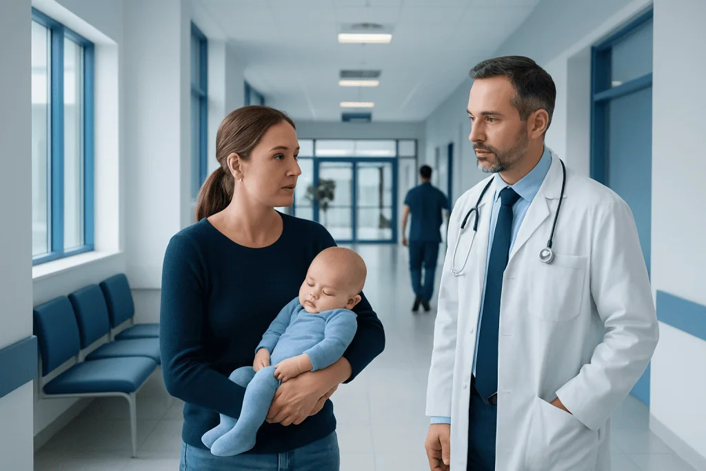 Shaken Baby Syndrome: Diagnosis, Outlook, and Modern Treatment Approaches 1 Doctor consulting with mother and baby in hospital corridor.