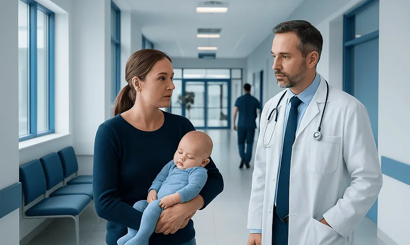 Doctor consulting with mother and baby in hospital corridor.
