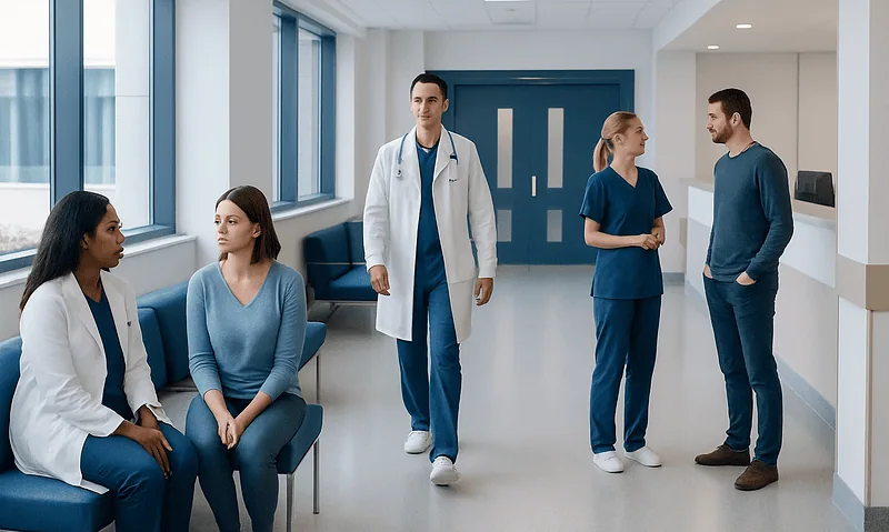 Medical professionals and patients in a hospital corridor at Acibadem Hospitals Group.