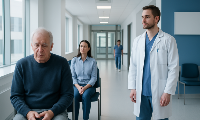 Doctor consulting elderly patient in hospital corridor with staff in background.