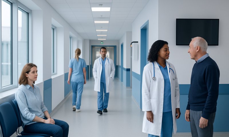 Healthcare professionals and patient in hospital corridor at Acibadem Hospitals Group.