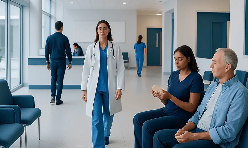 Healthcare professionals and patients in a modern hospital corridor.