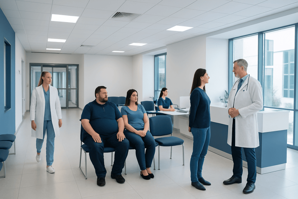 Bariatric Surgery Cost in Turkey: Key Factors That Affect Price 1 Patients consulting with a doctor in a modern hospital waiting area.