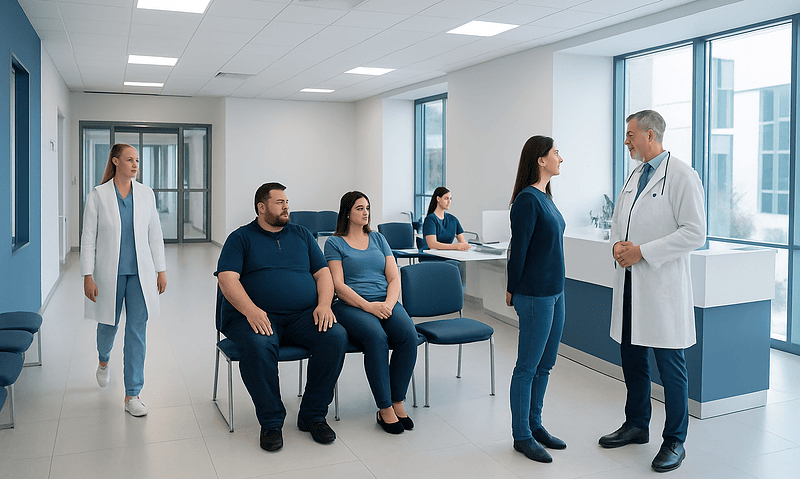 Patients consulting with a doctor in a modern hospital waiting area.