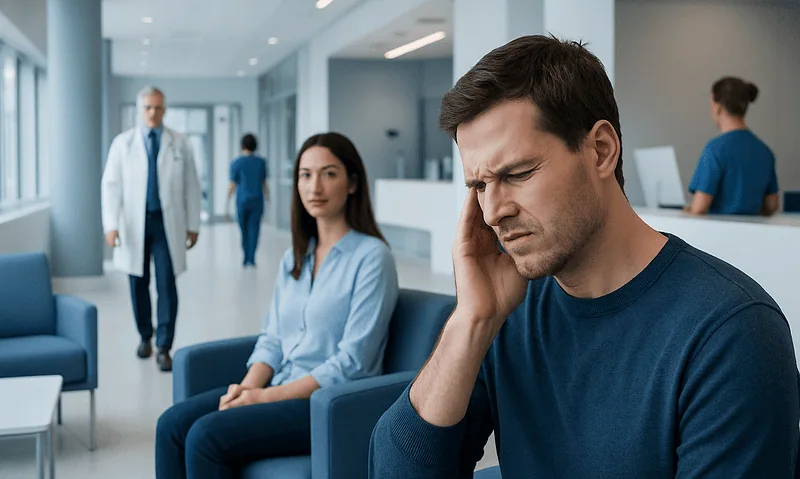 Man experiencing ear pain in a hospital waiting area.