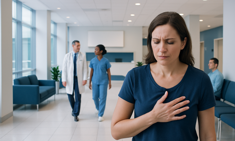 Woman experiencing chest pain in a hospital waiting area.