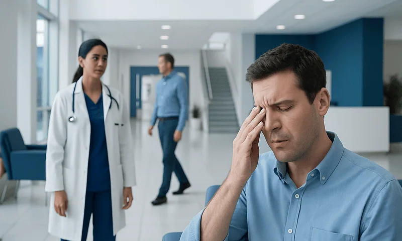 Man with eye pain in a hospital waiting area with medical staff nearby.