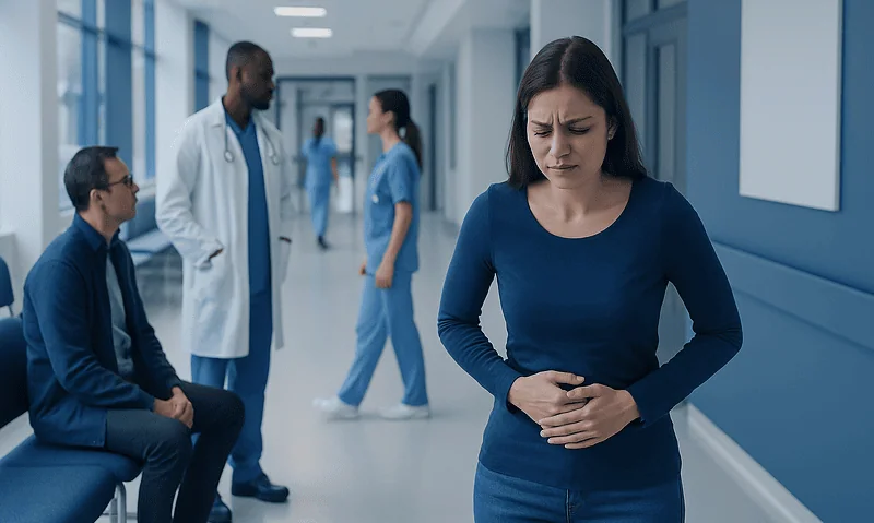 Woman experiencing abdominal pain in a hospital corridor with medical staff nearby.