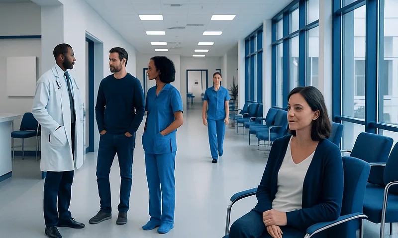 Medical team discussing patient care in hospital corridor.