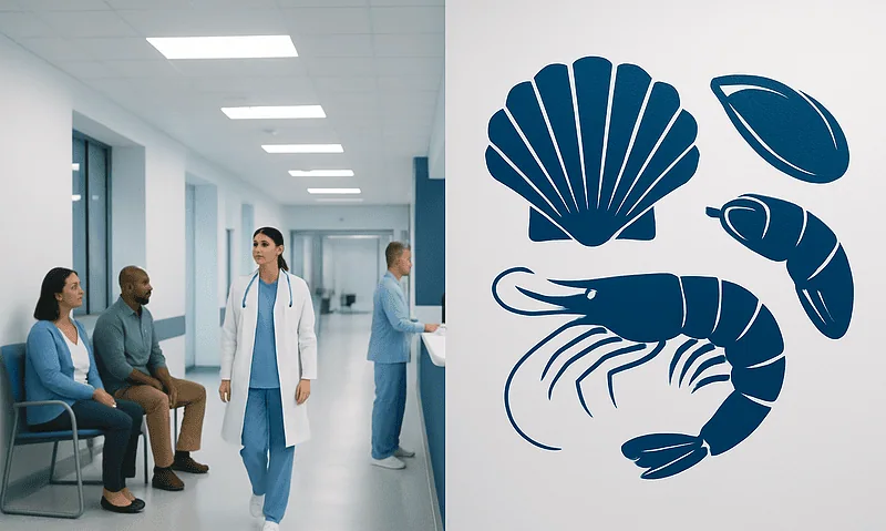 Hospital corridor with patients and medical staff near shellfish allergy signage.