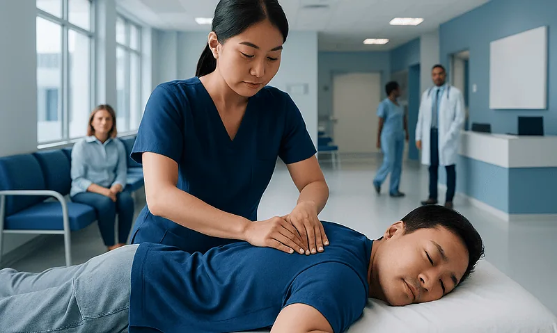 Therapist performing massage therapy at Acibadem Hospital.