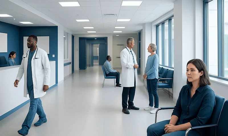 Medical staff and patients in a modern hospital corridor.