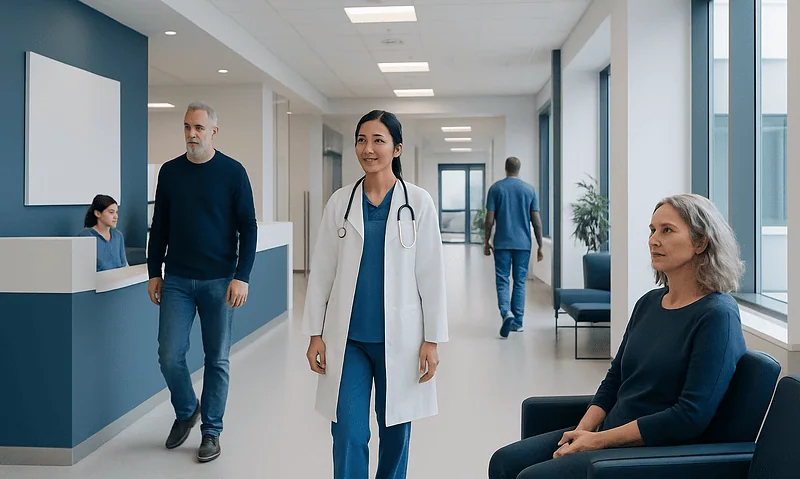 Shiitake: An Evidence-Based Guide for Patients 6 Healthcare professionals and patients in a modern hospital corridor.