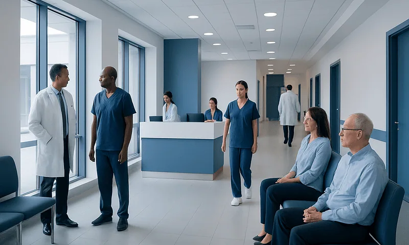Medical team and patients in a modern hospital corridor.