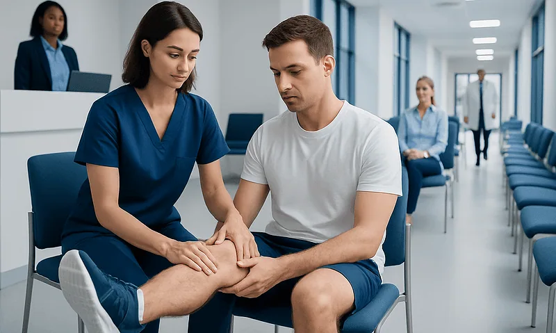 Physiotherapist examining a patient's knee in a hospital corridor.