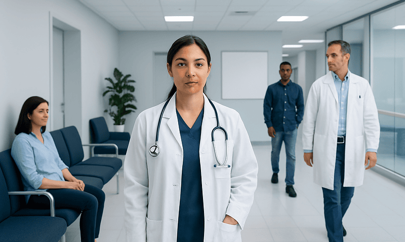 Medical team in hospital corridor with doctor and patients.