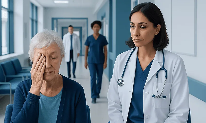 Elderly woman experiencing headache in hospital corridor with healthcare professionals nearby.