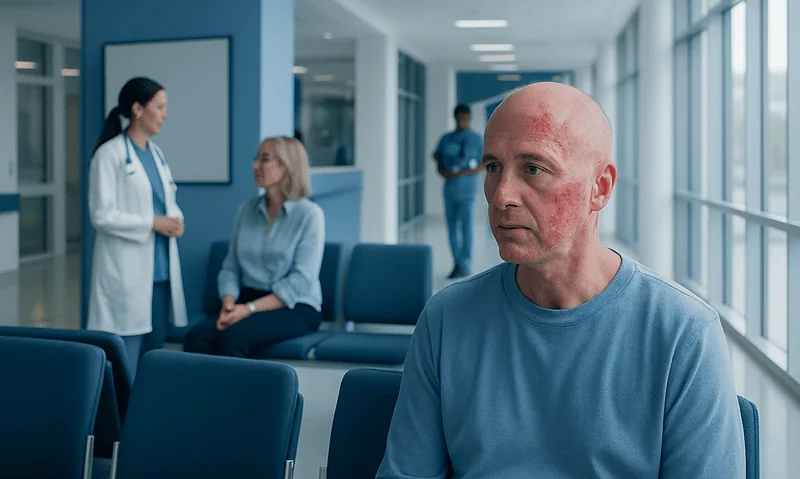 Patient with shingles on head in hospital waiting area.